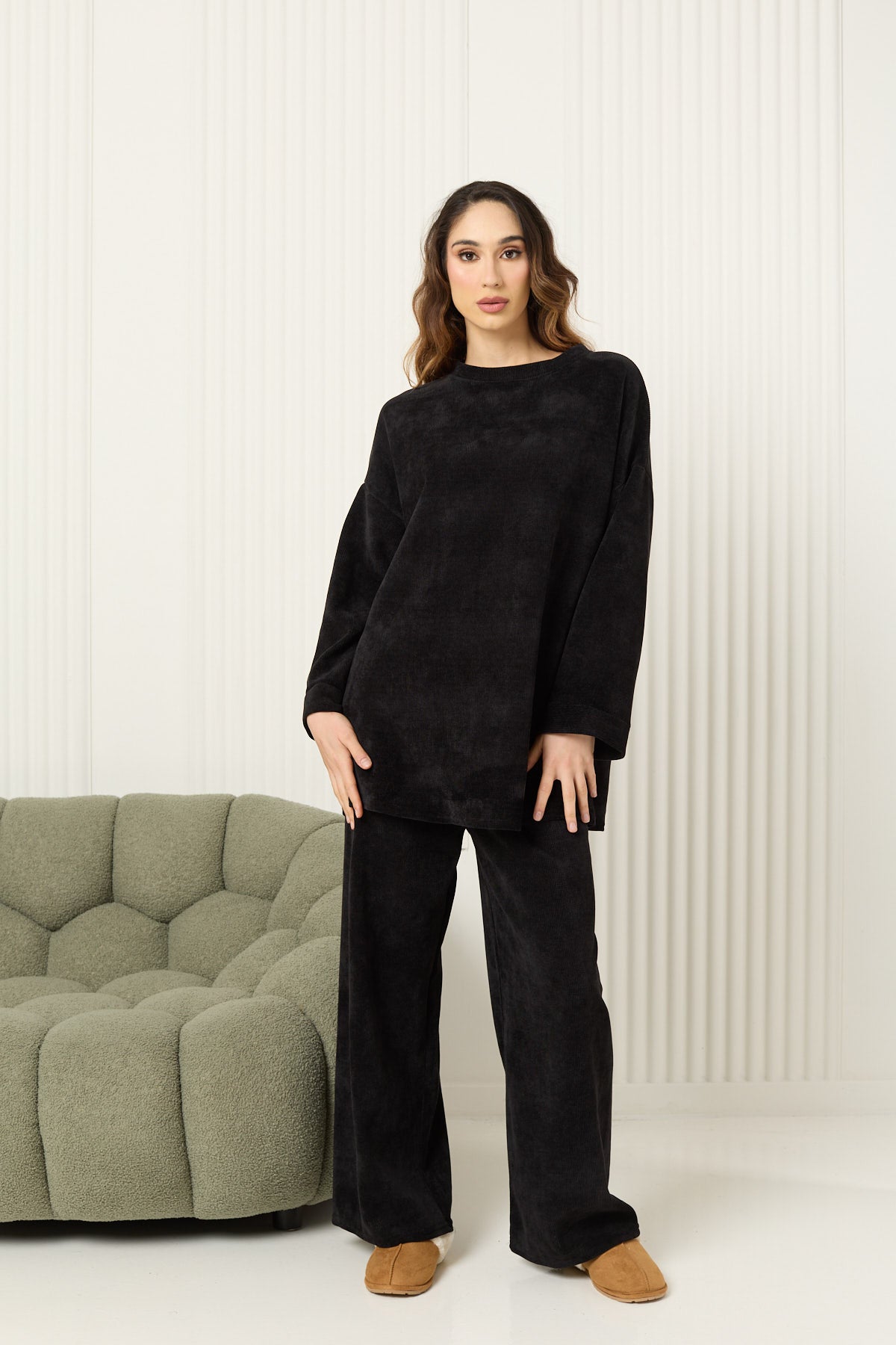 Corduroy round neck co-ord in Black