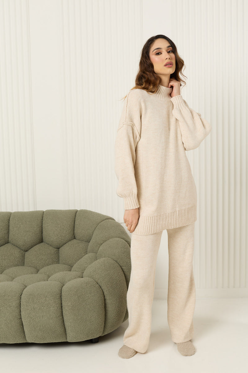 High neck knitted co-ord in Beige
