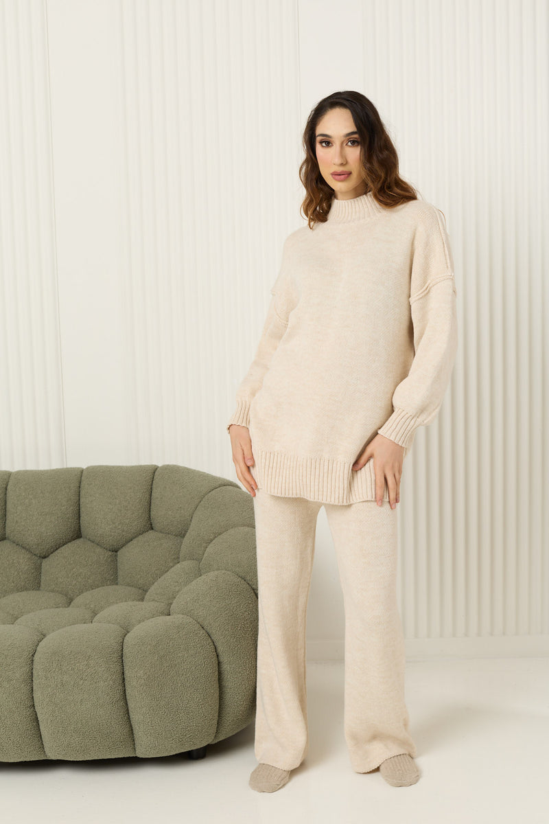 High neck knitted co-ord in Beige