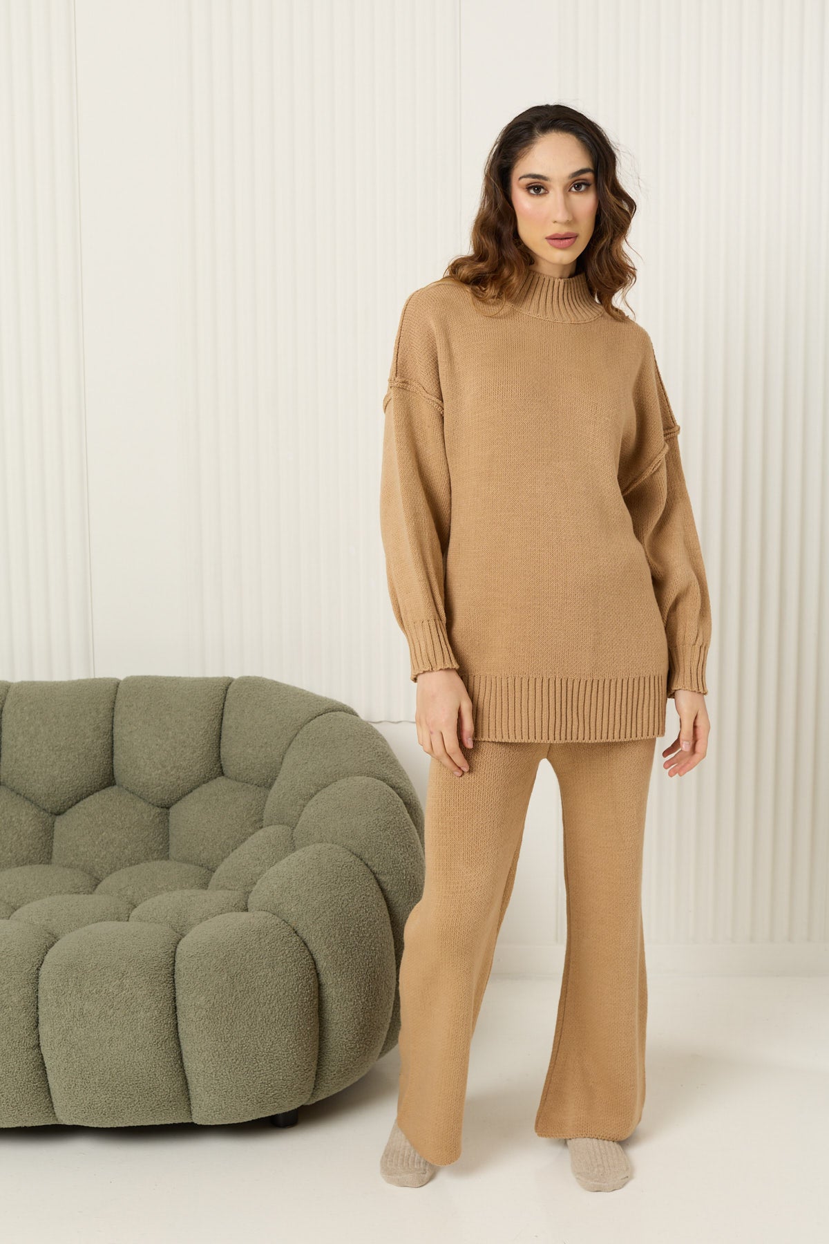 High neck knitted co-ord in Camel