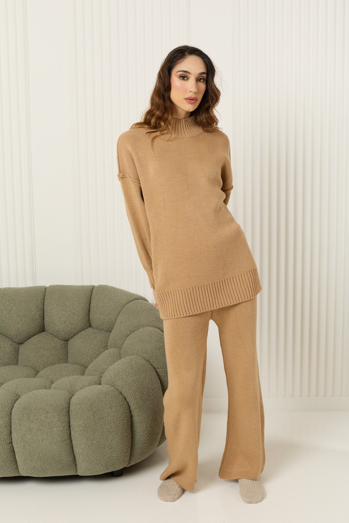 High neck knitted co-ord in Camel