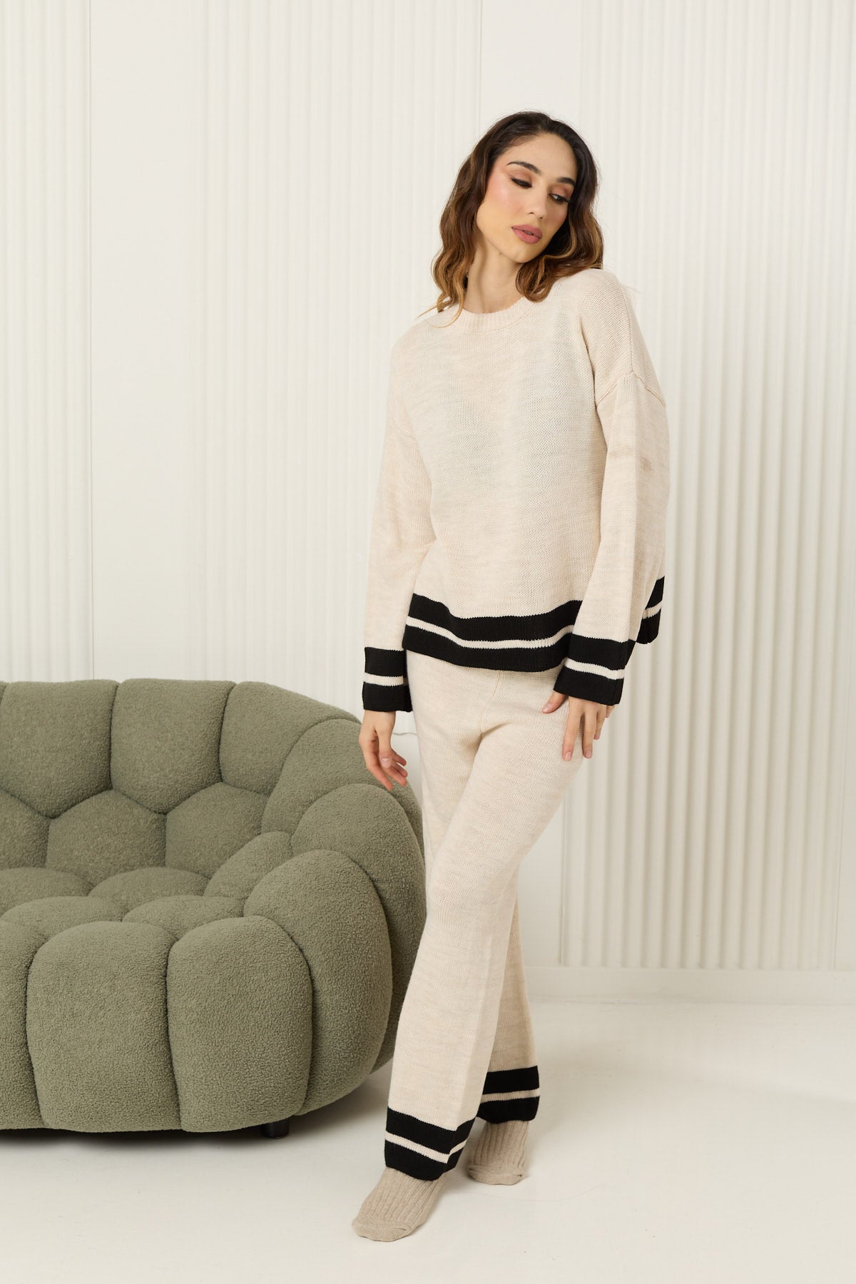 Double stripe knit co-ord in Beige