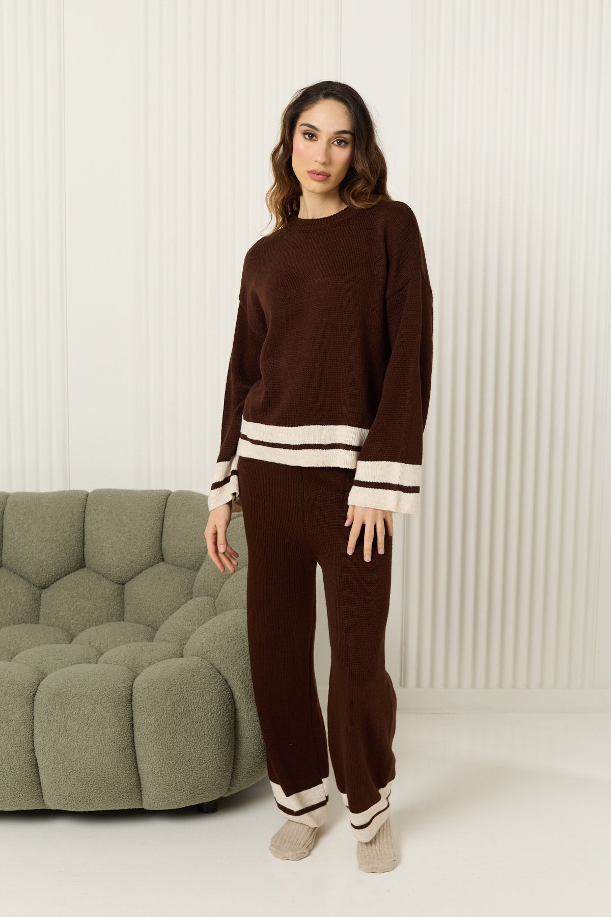 Double stripe knit co-ord in Choco