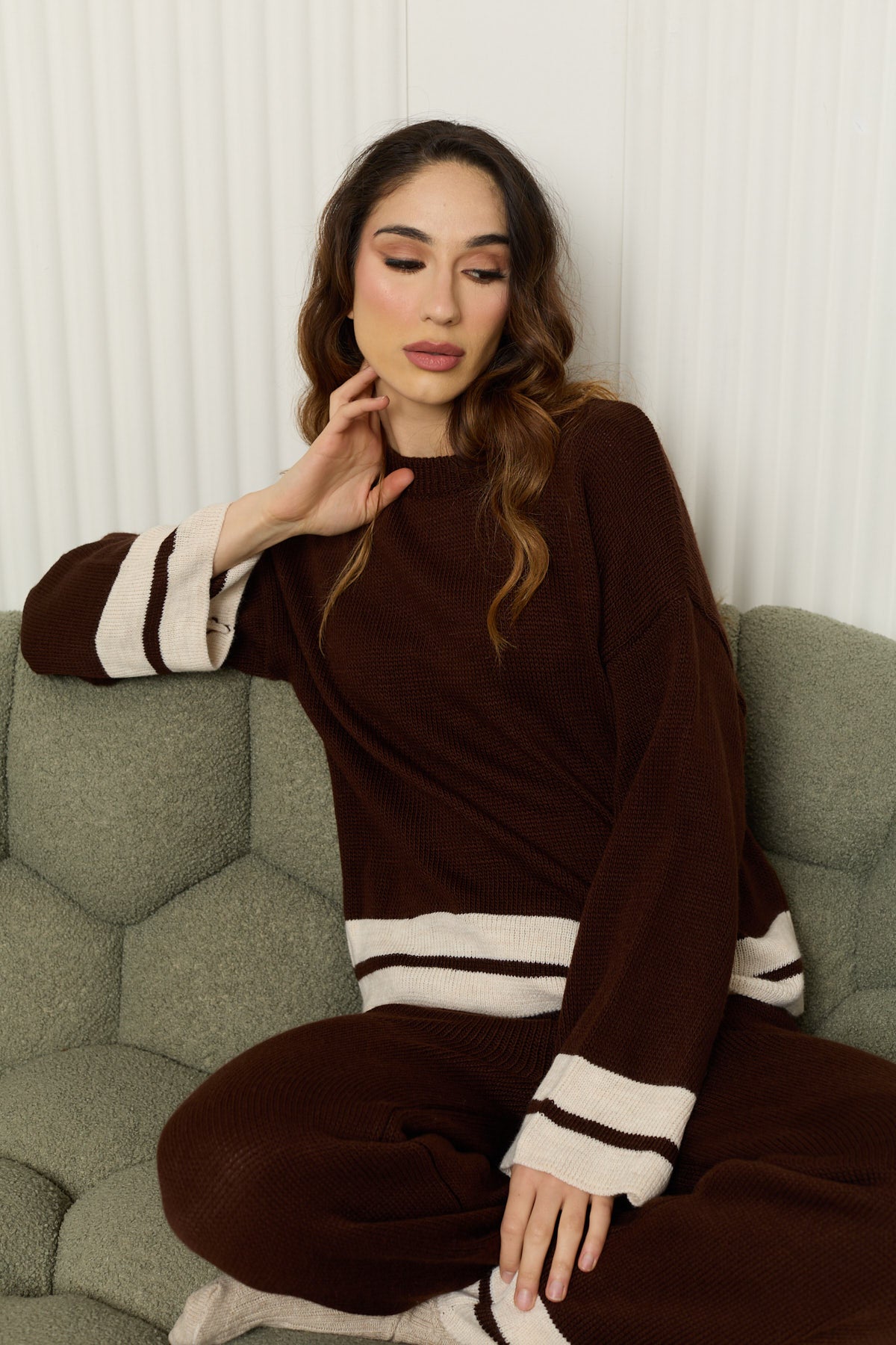 Double stripe knit co-ord in Choco