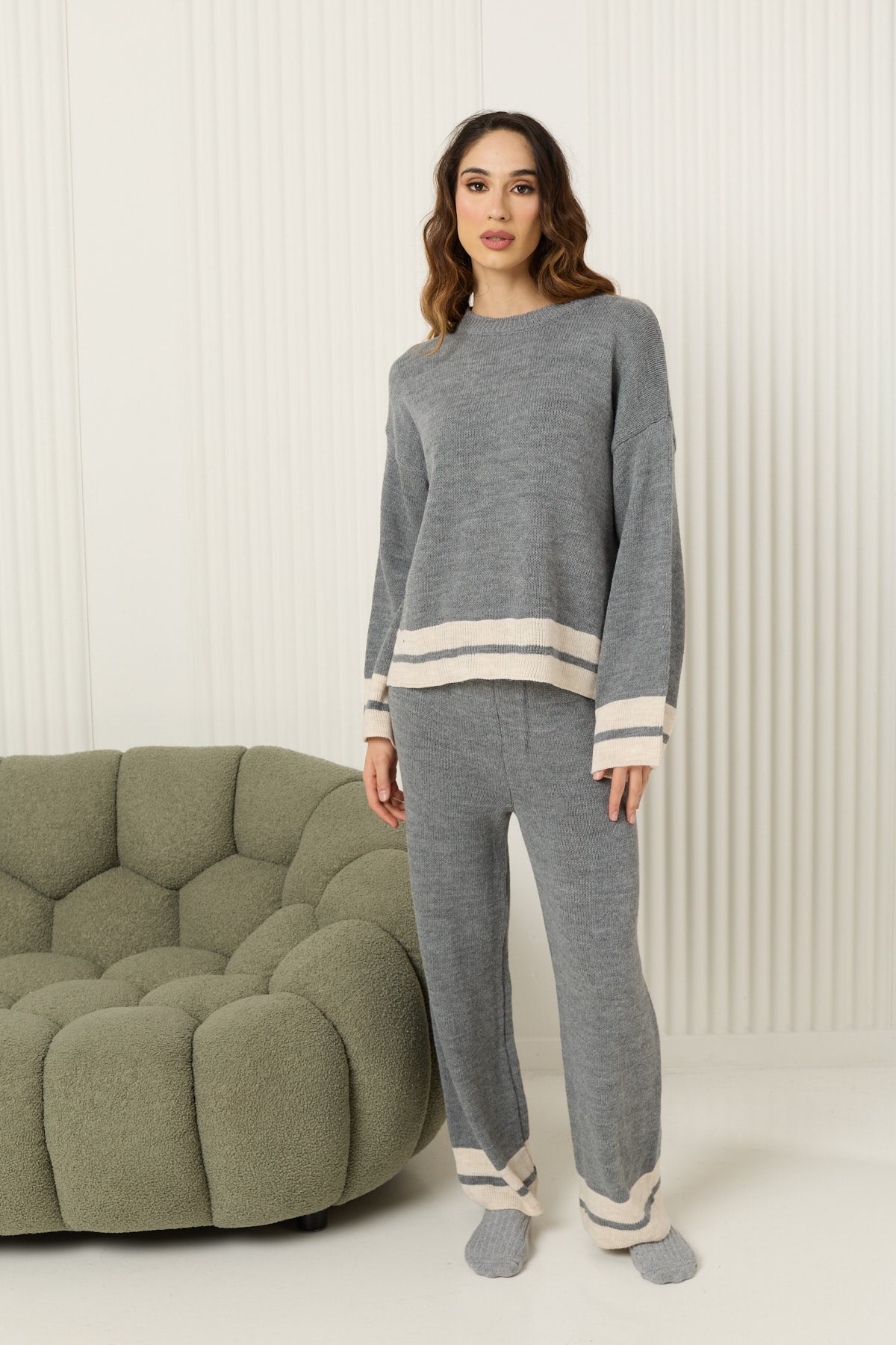 Double stripe knit co-ord in Grey