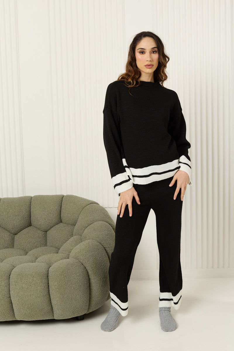 Double stripe knit co-ord in Black