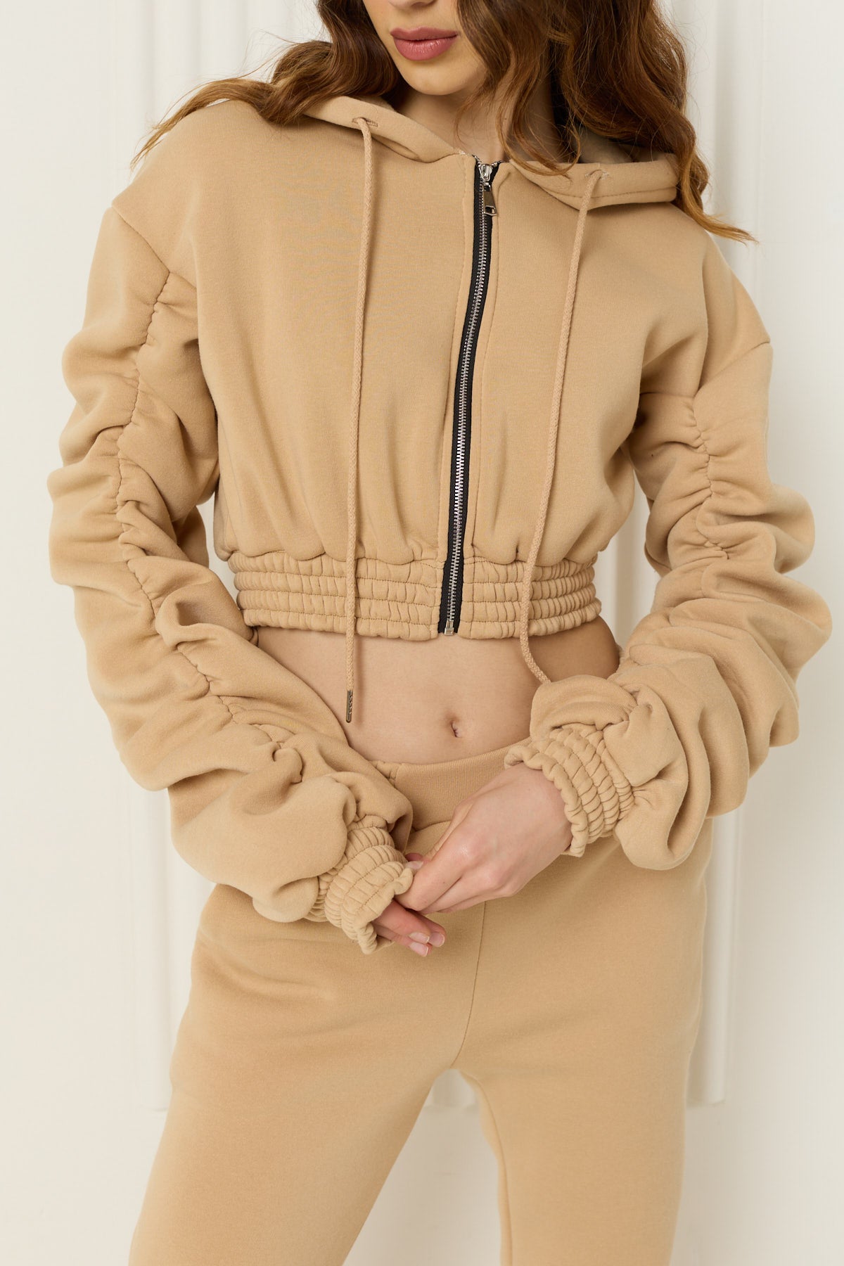 Ruched detailed tracksuit in Beige