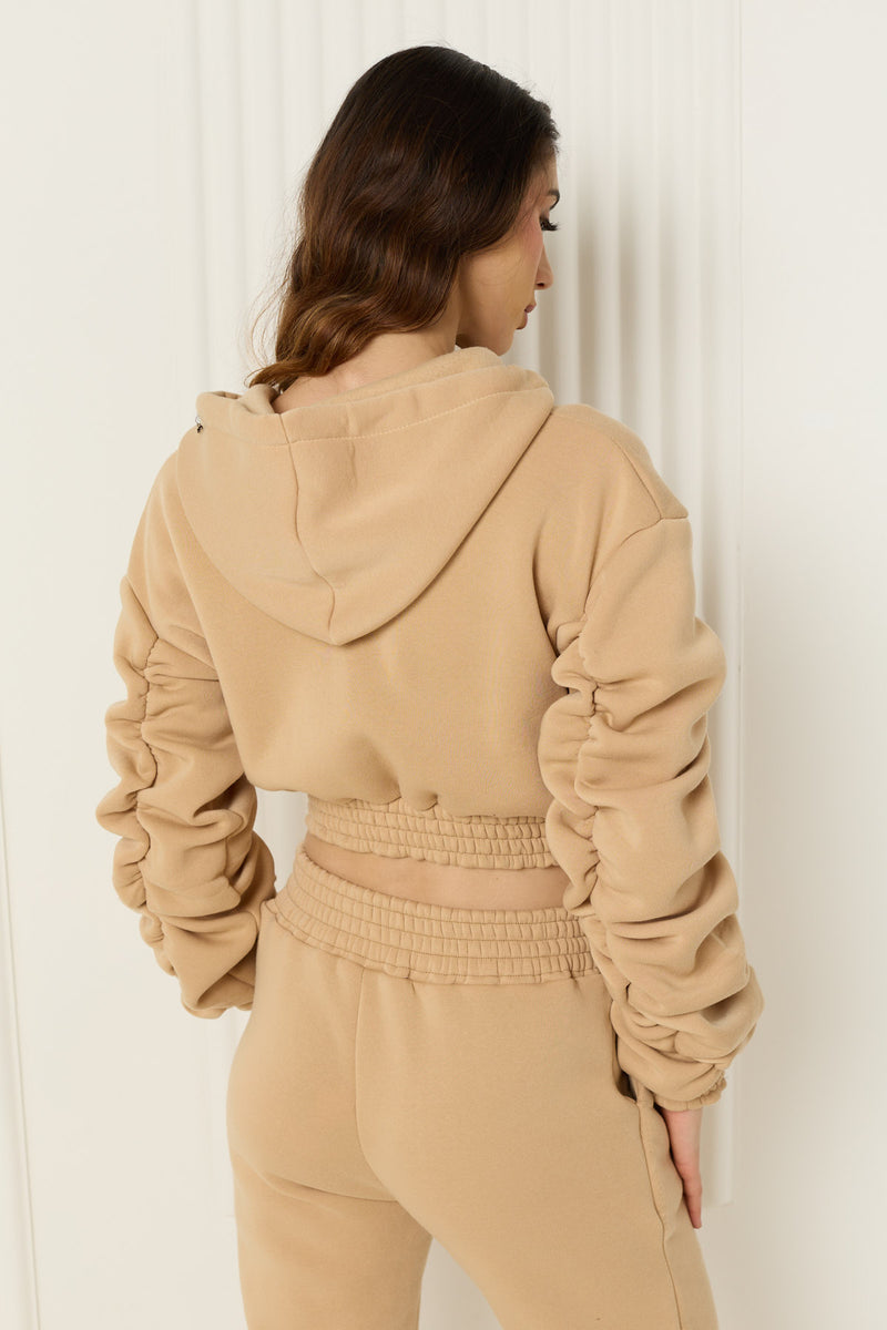 Ruched detailed tracksuit in Beige