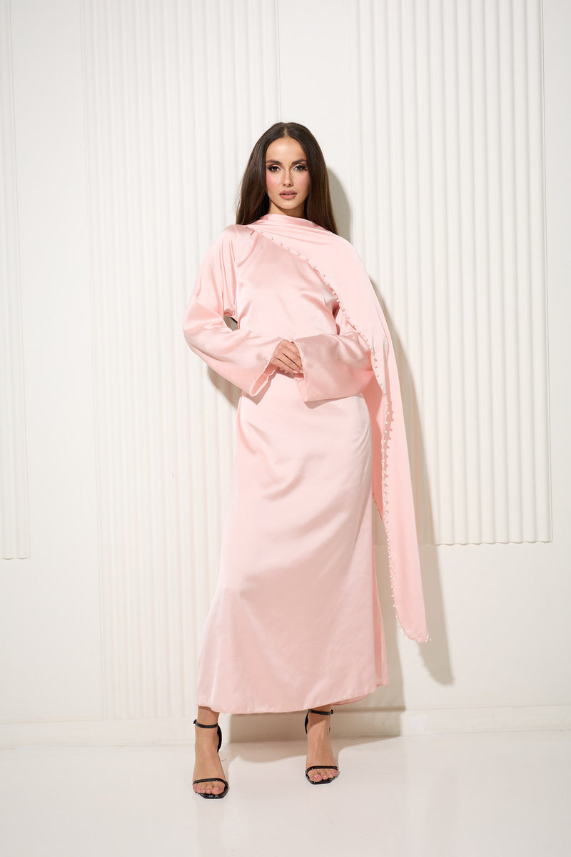Baby Pink Dress with Attached Cape and Pearl Trim Detail