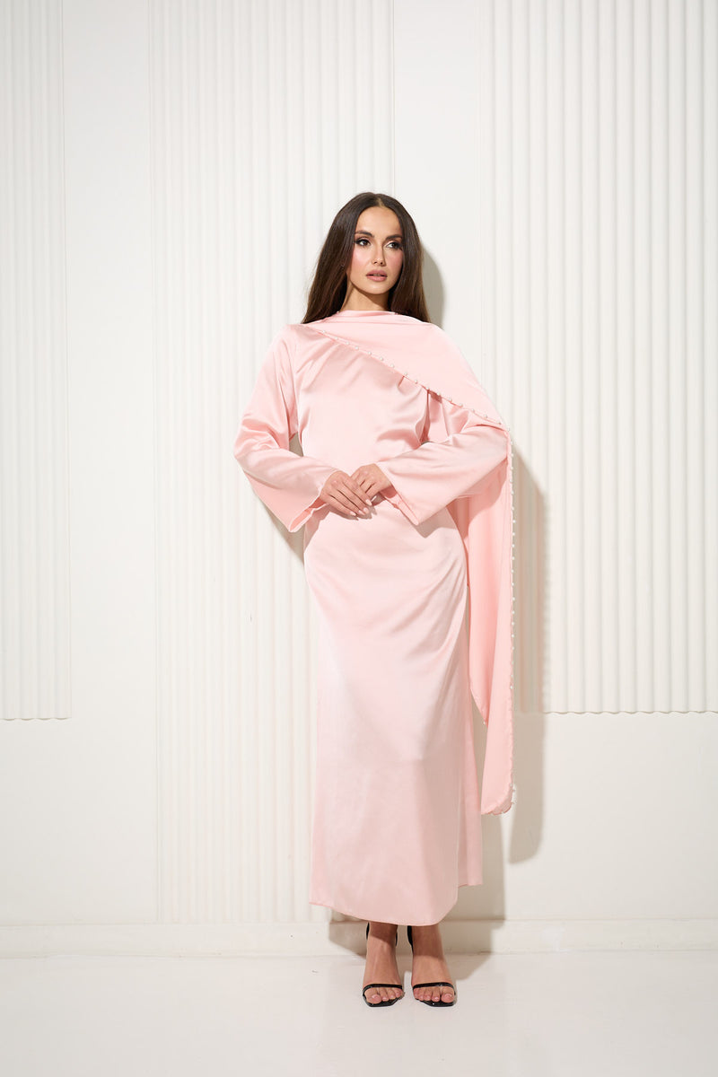 Baby Pink Dress with Attached Cape and Pearl Trim Detail