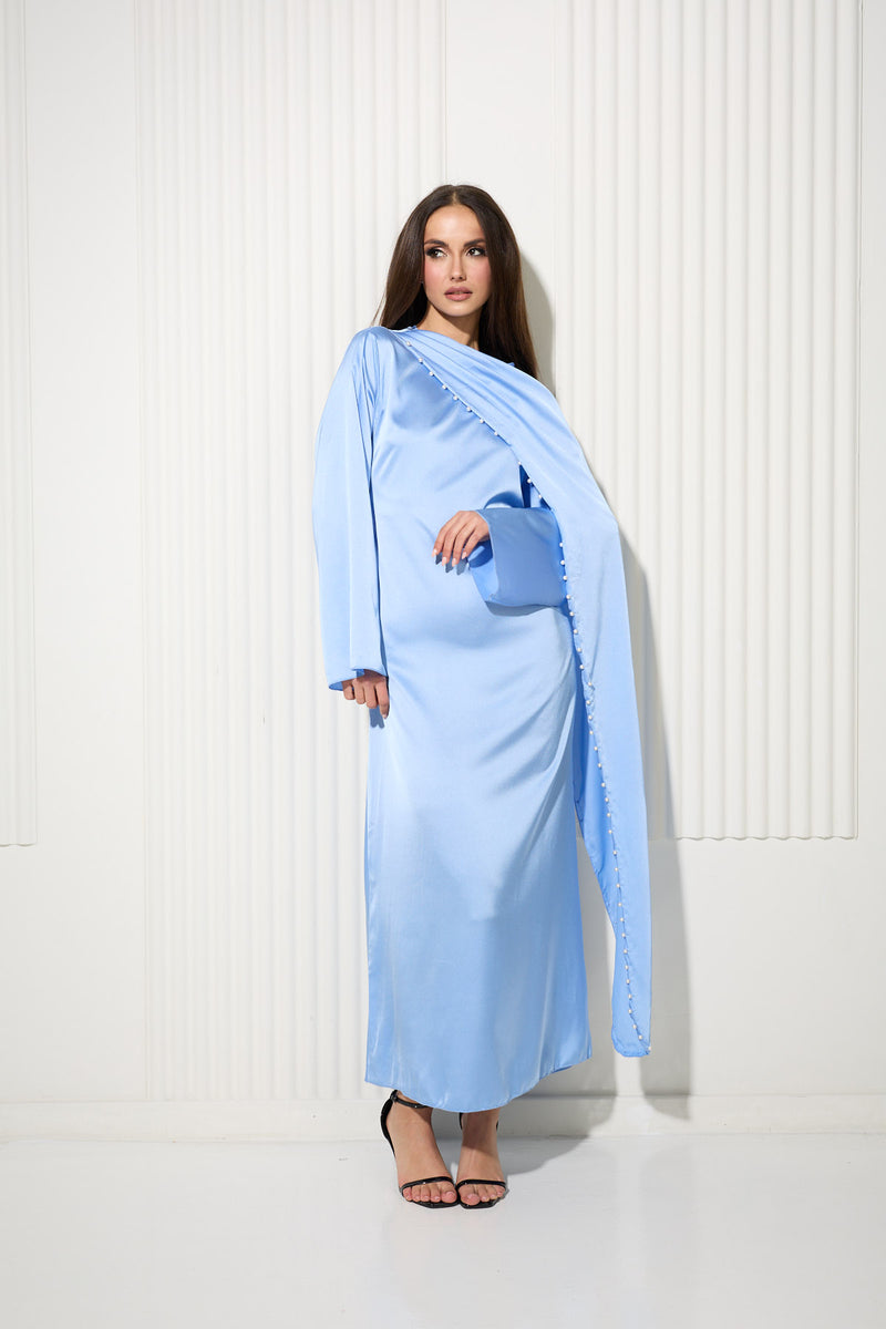 Duck Egg Blue Dress with Attached Cape and Pearl Trim Detail