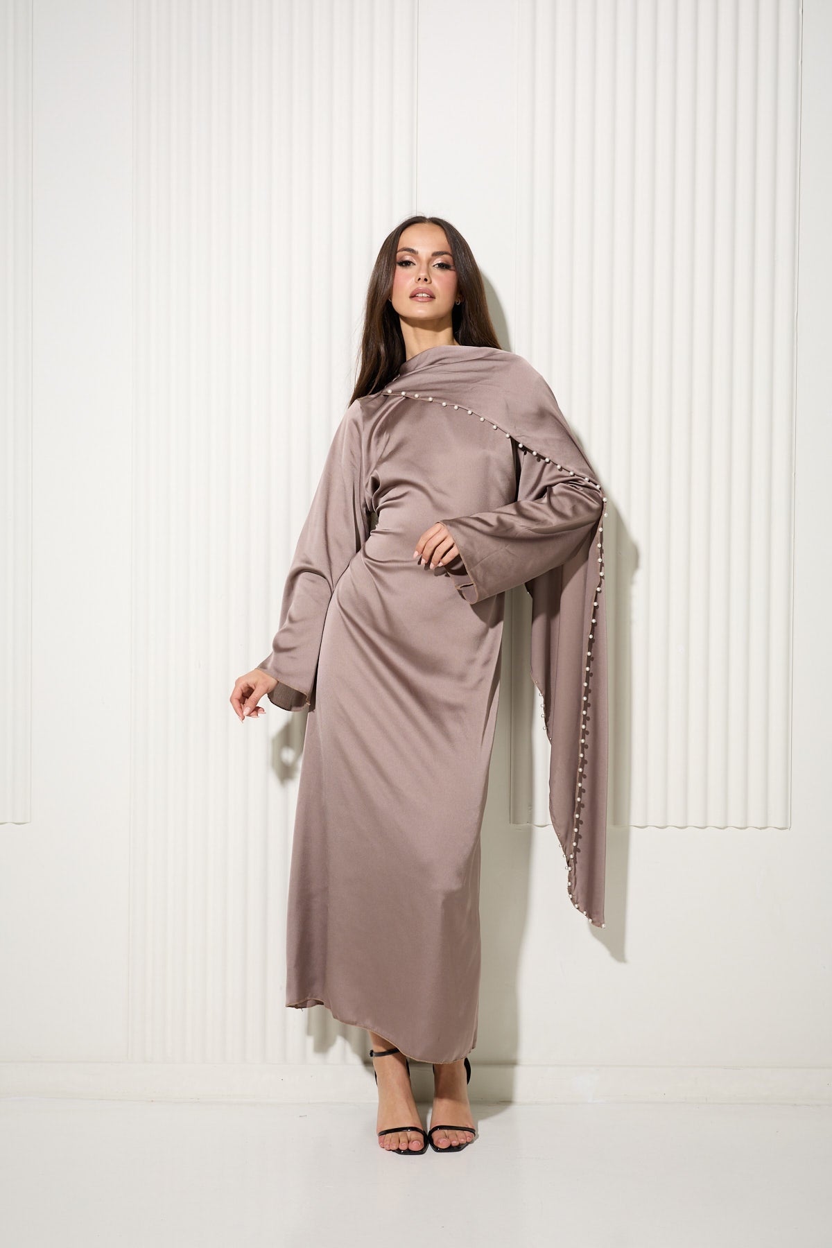 Taupe Dress with Attached Cape and Pearl Trim Detail