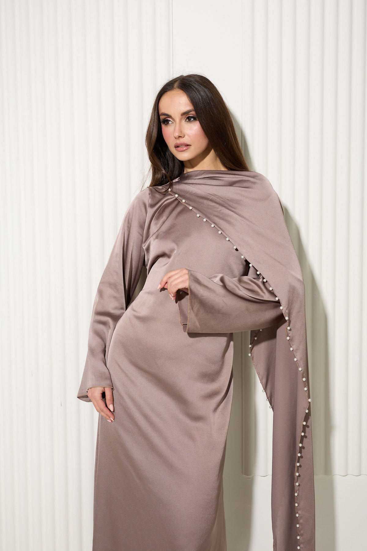 Taupe Dress with Attached Cape and Pearl Trim Detail