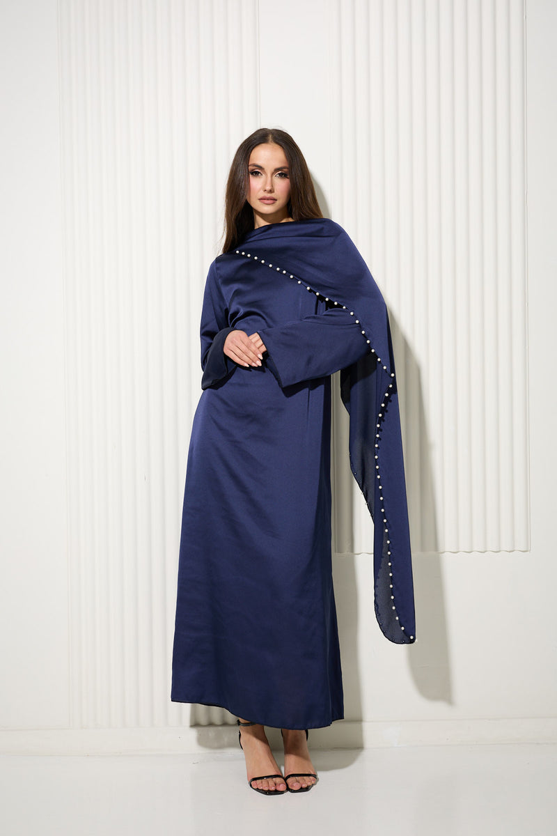 Navy Dress with Attached Cape and Pearl Trim Detail