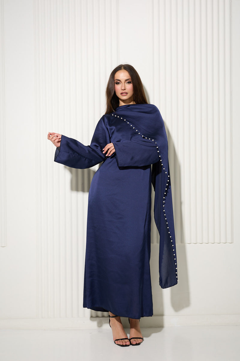 Navy Dress with Attached Cape and Pearl Trim Detail