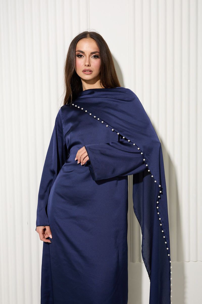 Navy Dress with Attached Cape and Pearl Trim Detail