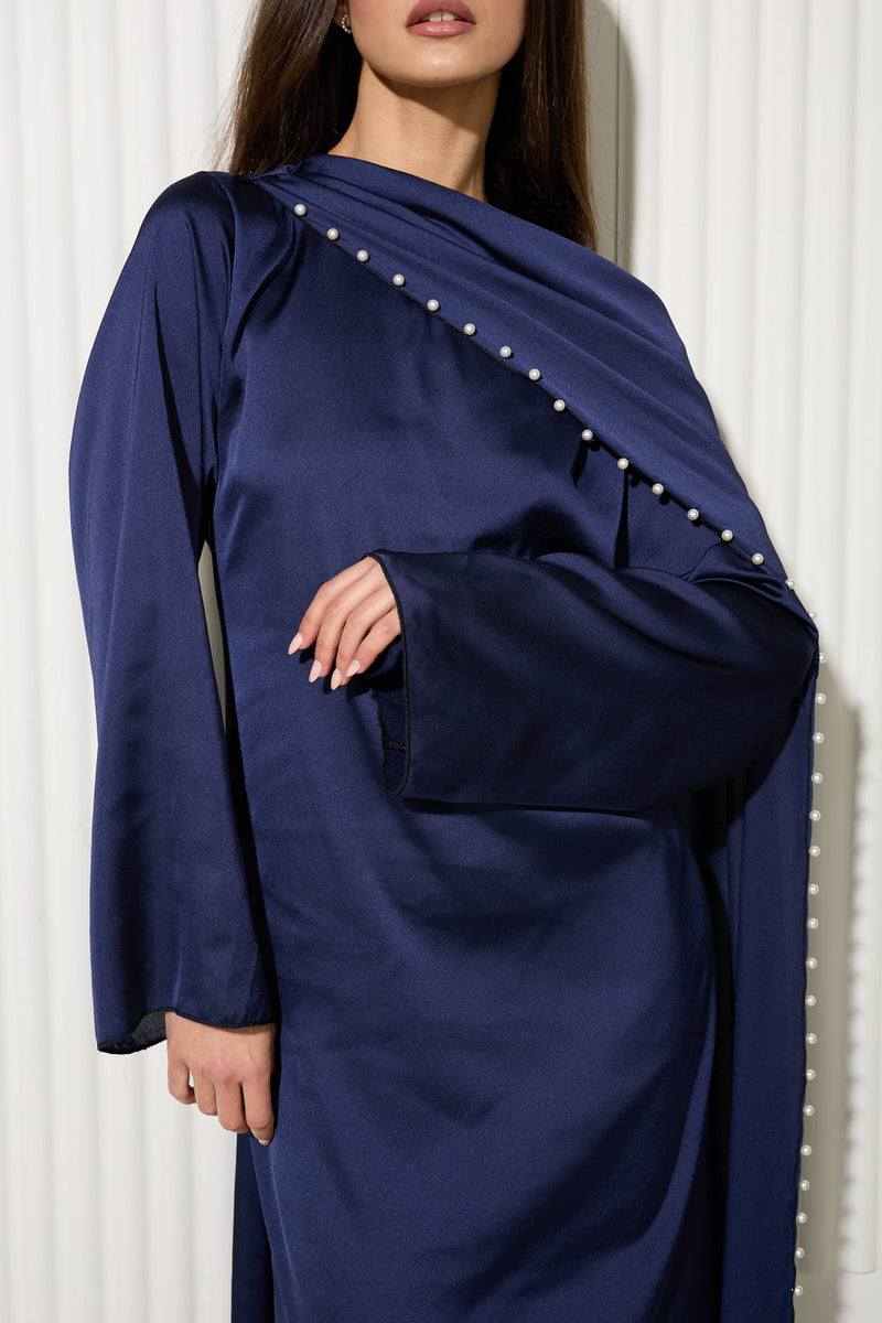 Navy Dress with Attached Cape and Pearl Trim Detail