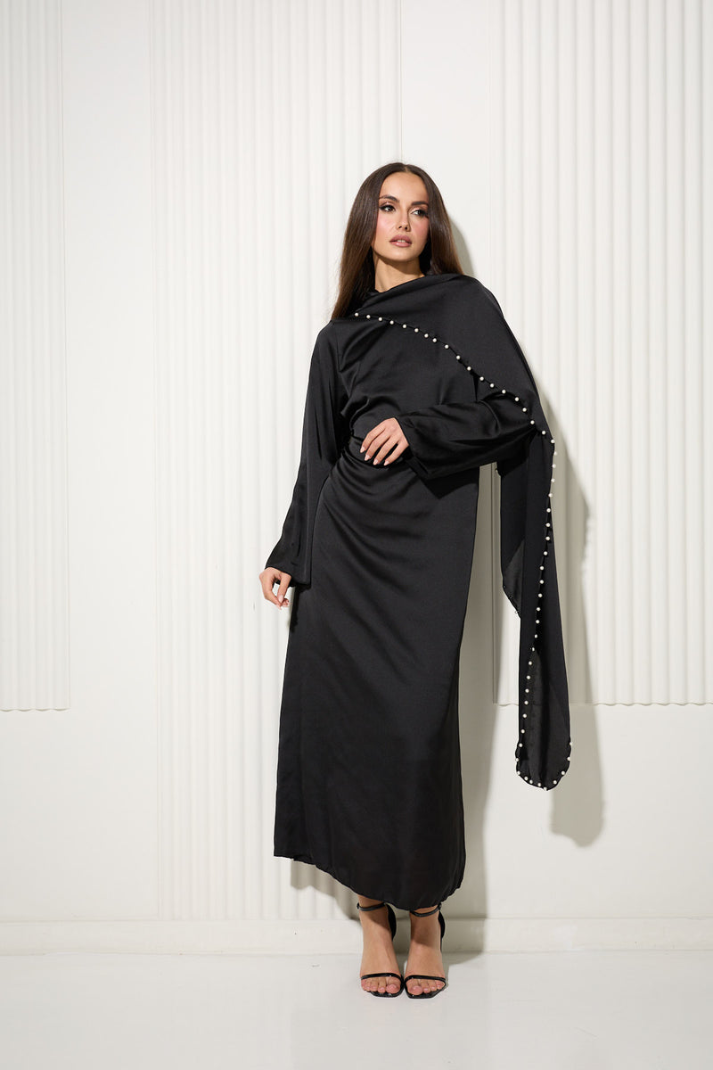 Black Dress with Attached Cape and Pearl Trim Detail