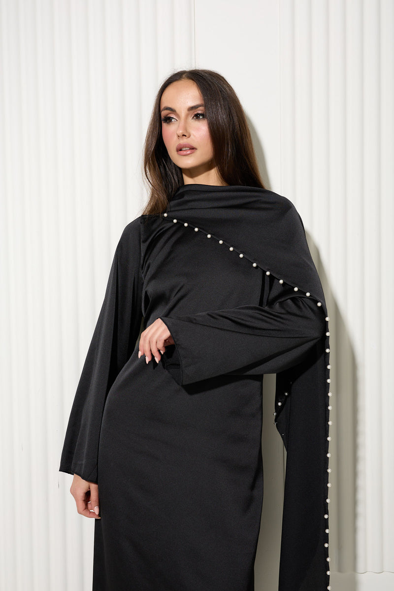 Black Dress with Attached Cape and Pearl Trim Detail