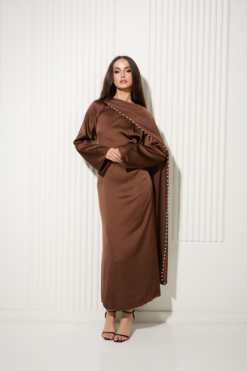 Chocolate Dress with Attached Cape and Pearl Trim Detail