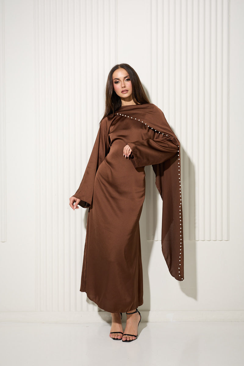 Chocolate Dress with Attached Cape and Pearl Trim Detail