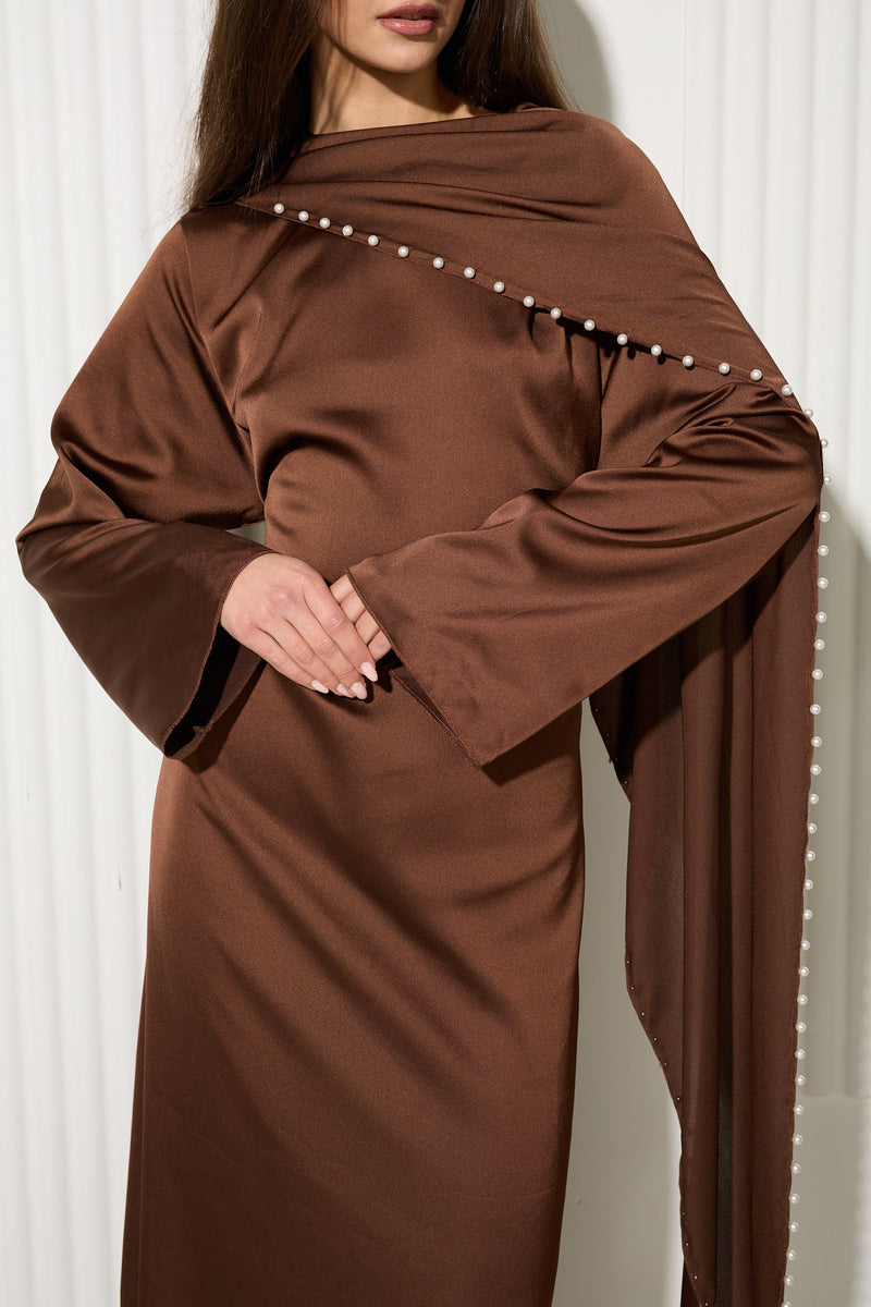 Chocolate Dress with Attached Cape and Pearl Trim Detail