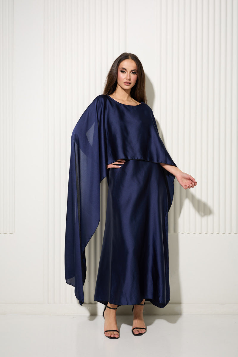 Navy Butterfly Dress with Attached Front Cape