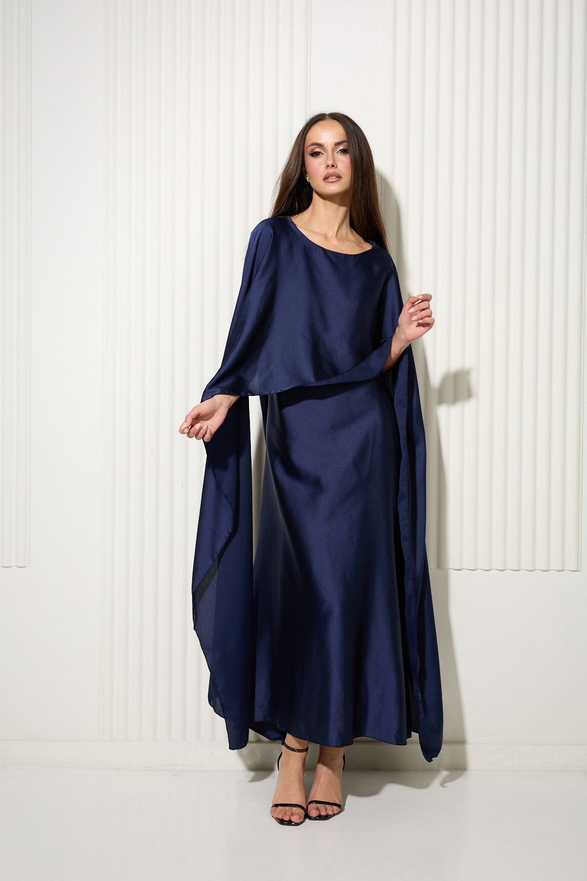 Navy Butterfly Dress with Attached Front Cape