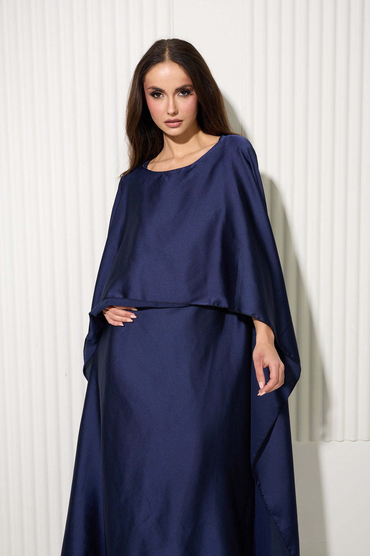 Navy Butterfly Dress with Attached Front Cape