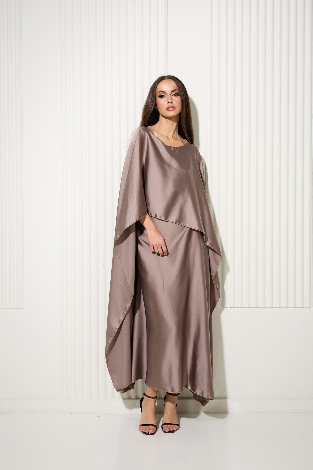 Taupe Butterfly Dress Attached Front Cape