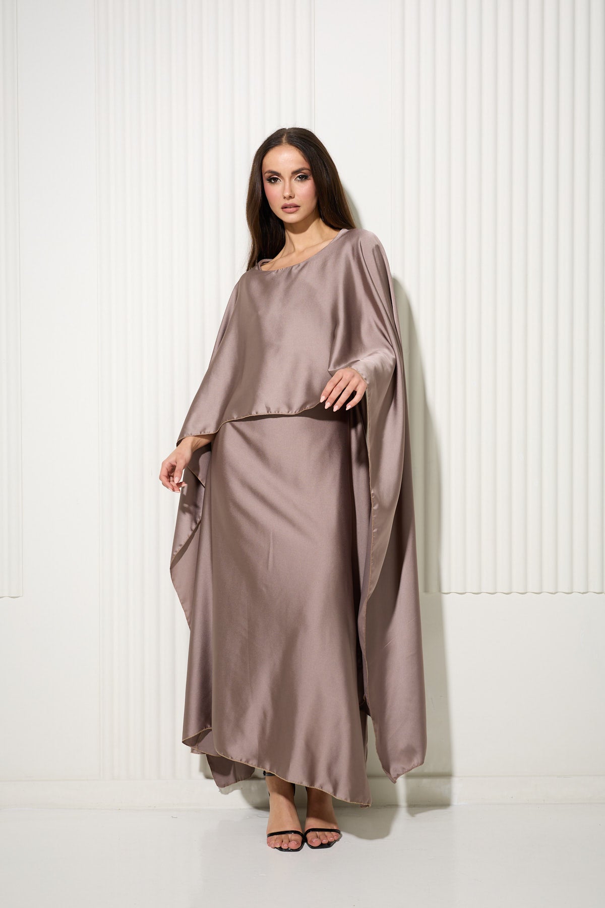 Taupe Butterfly Dress Attached Front Cape