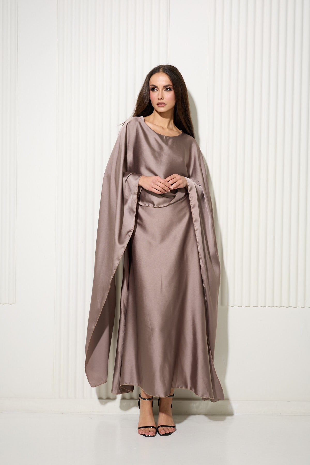 Taupe Butterfly Dress Attached Front Cape