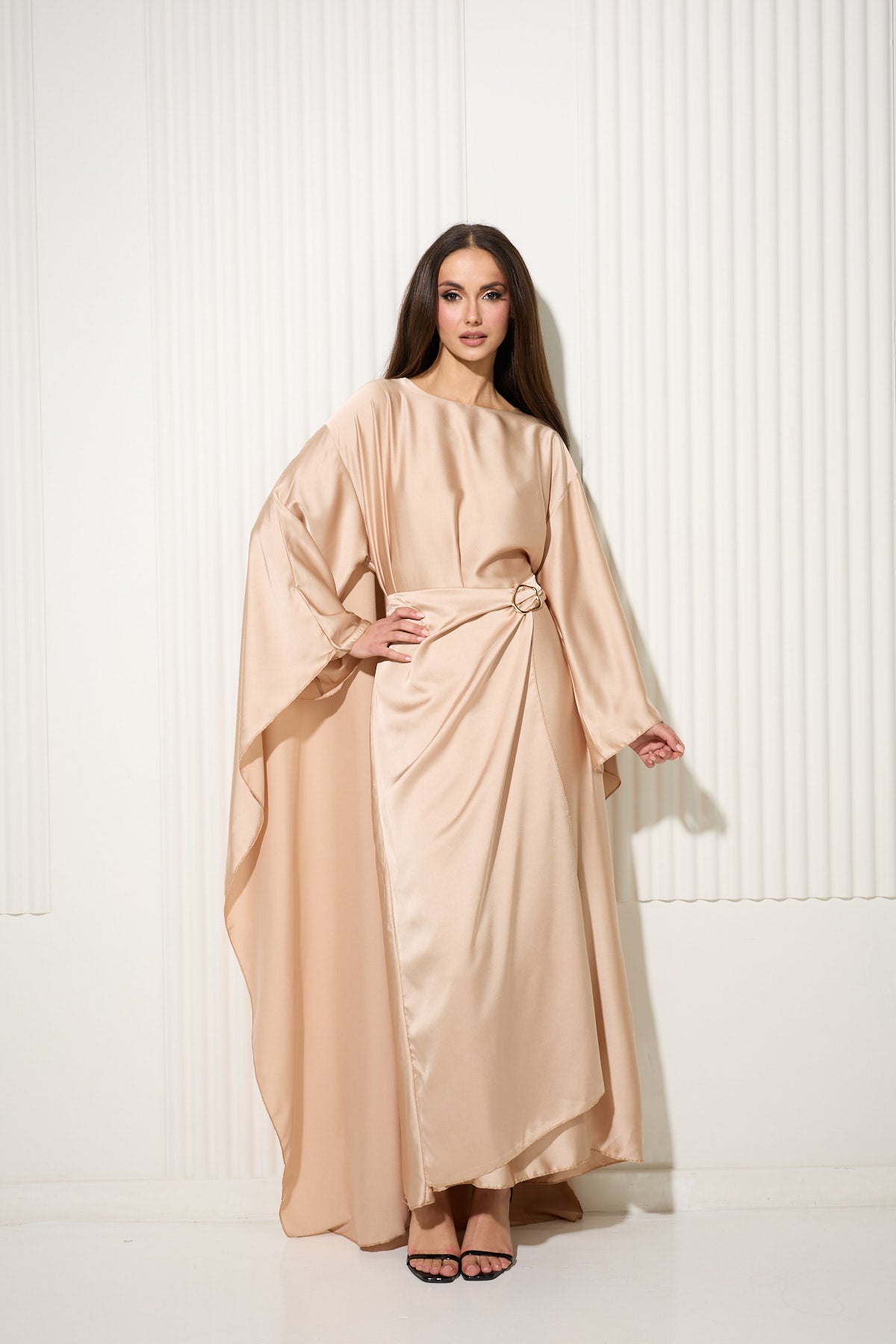 Gold Back Cape Dress with Gold Buckle Waist