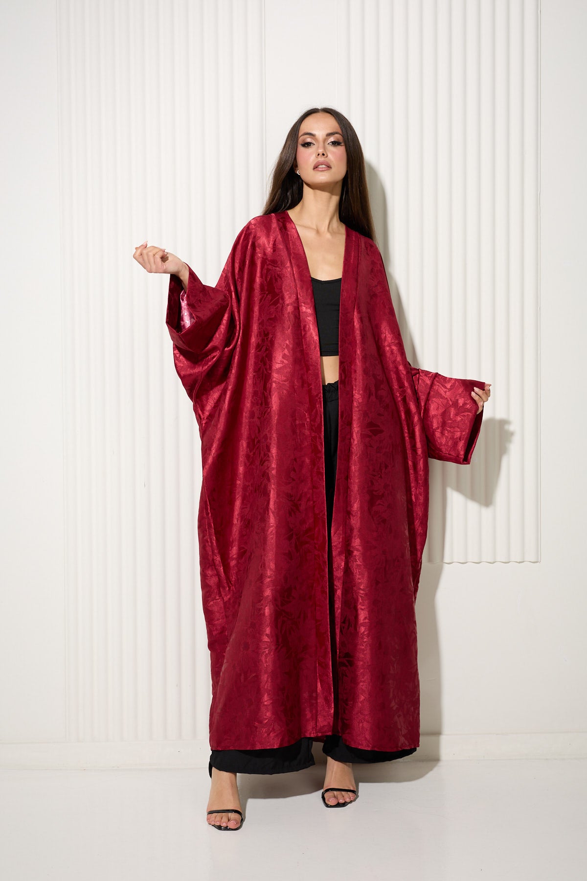 Wine Botanical Print Kimono with Lustrous Finish