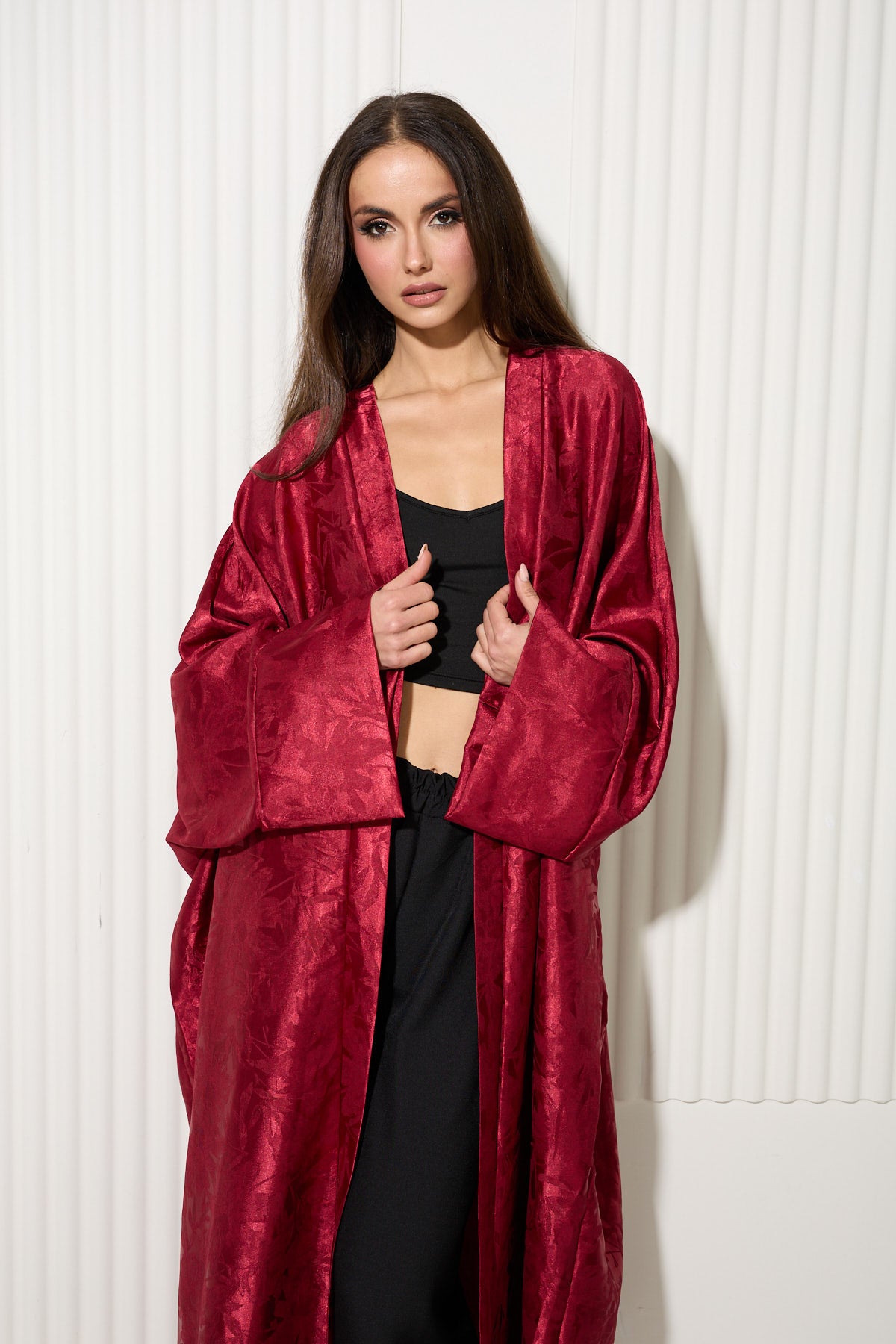 Wine Botanical Print Kimono with Lustrous Finish