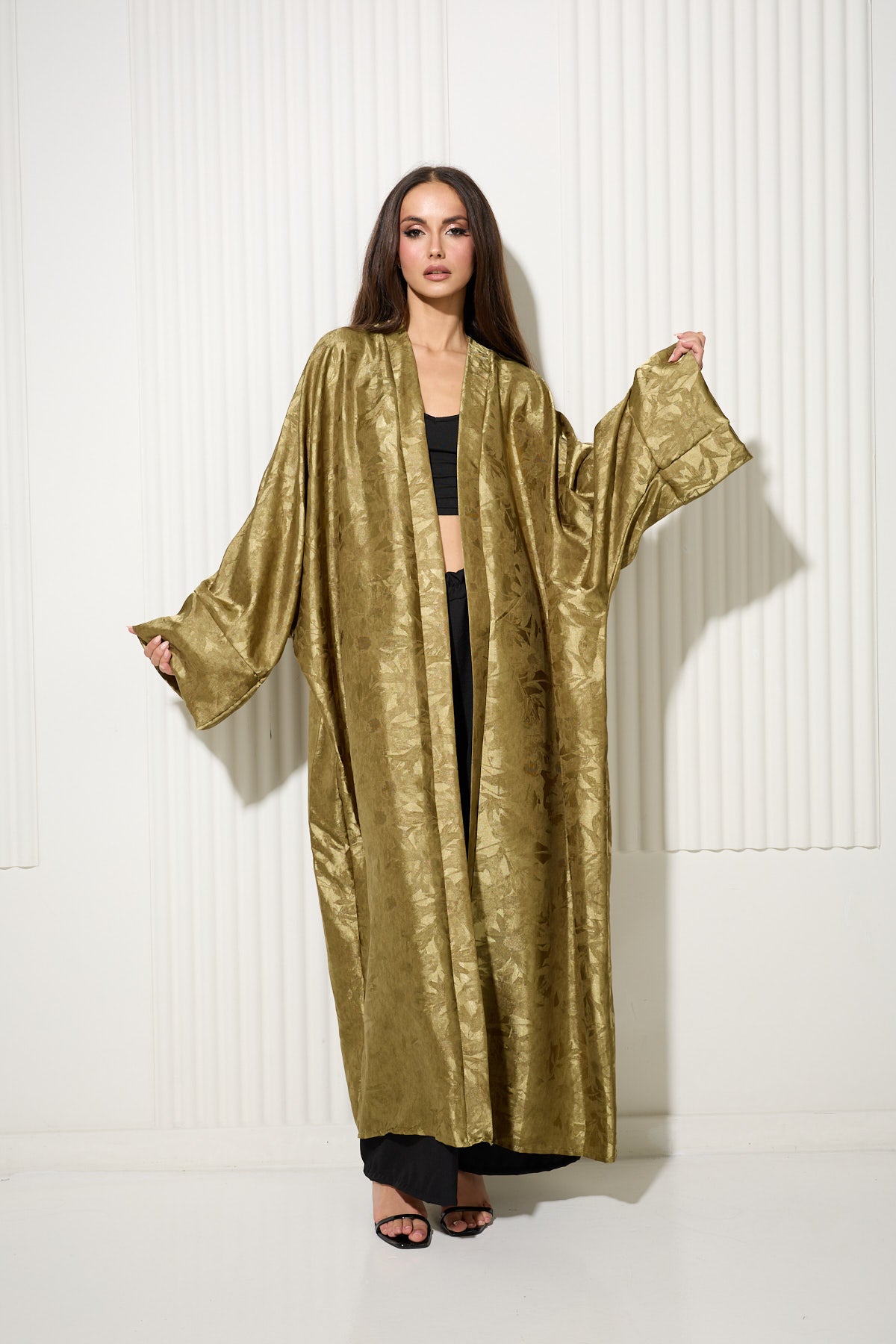 Lime Botanical Print Kimono with Lustrous Finish