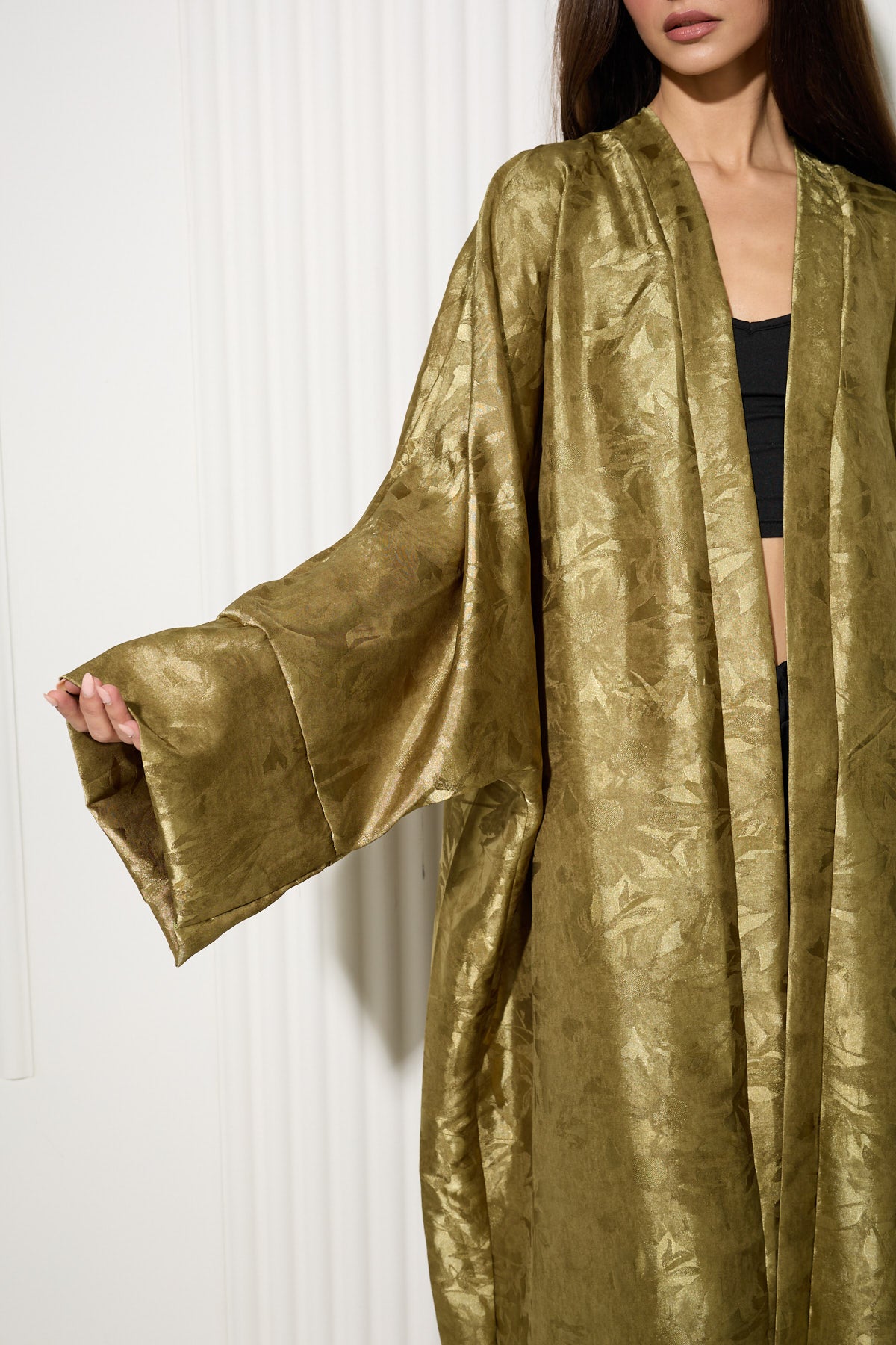 Lime Botanical Print Kimono with Lustrous Finish