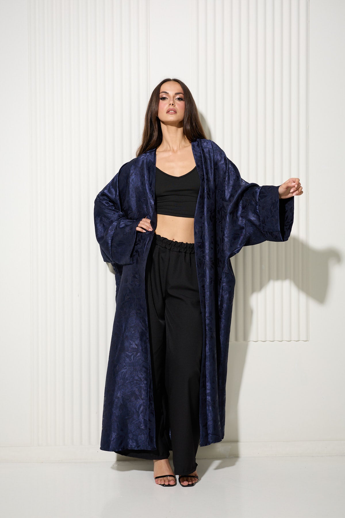 Navy Botanical Print Kimono with Lustrous Finish