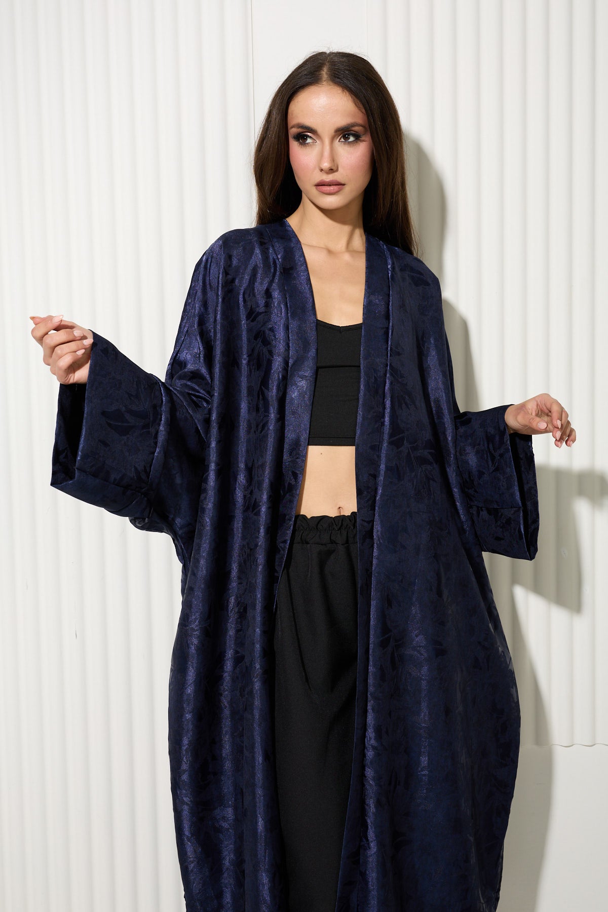 Navy Botanical Print Kimono with Lustrous Finish