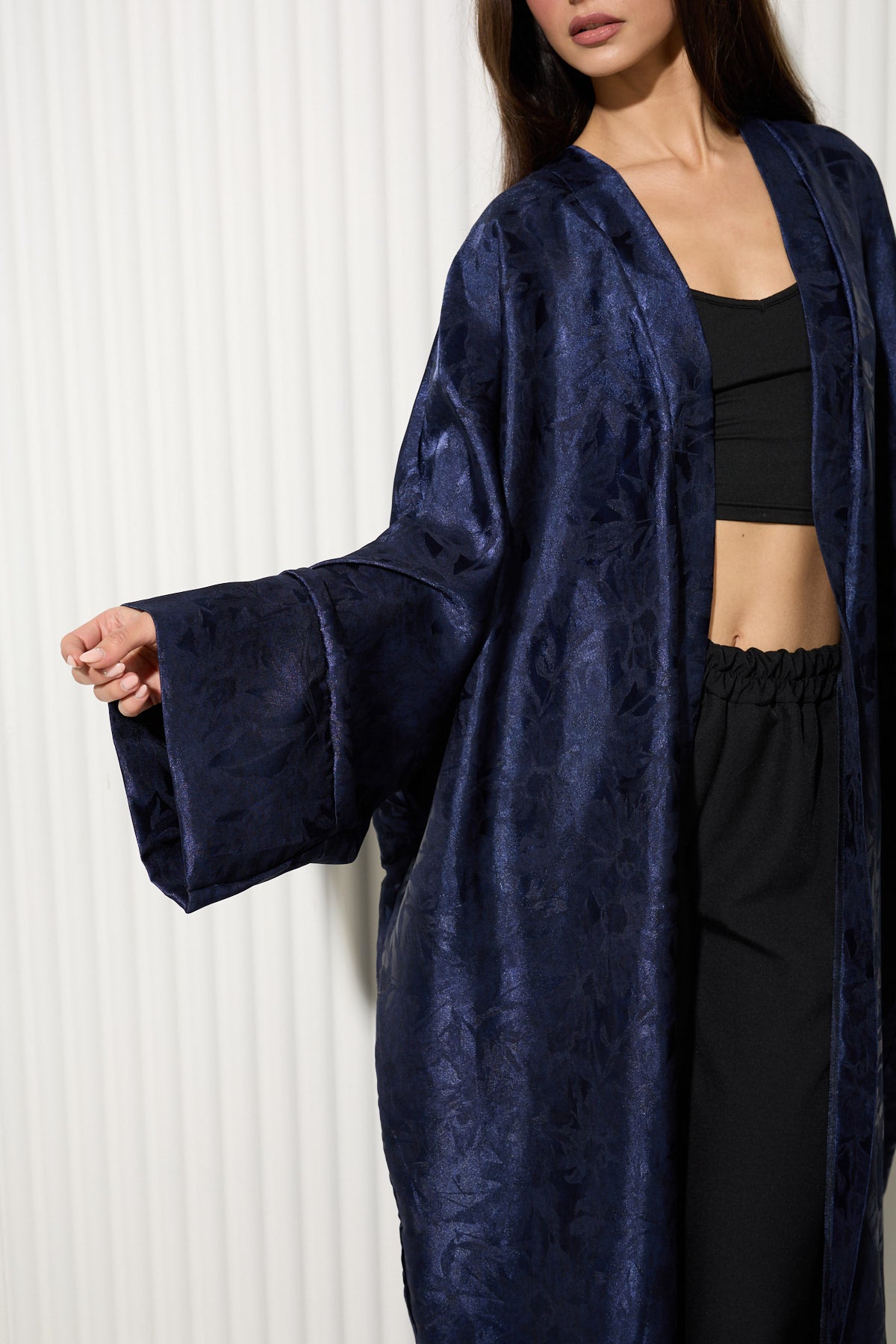 Navy Botanical Print Kimono with Lustrous Finish