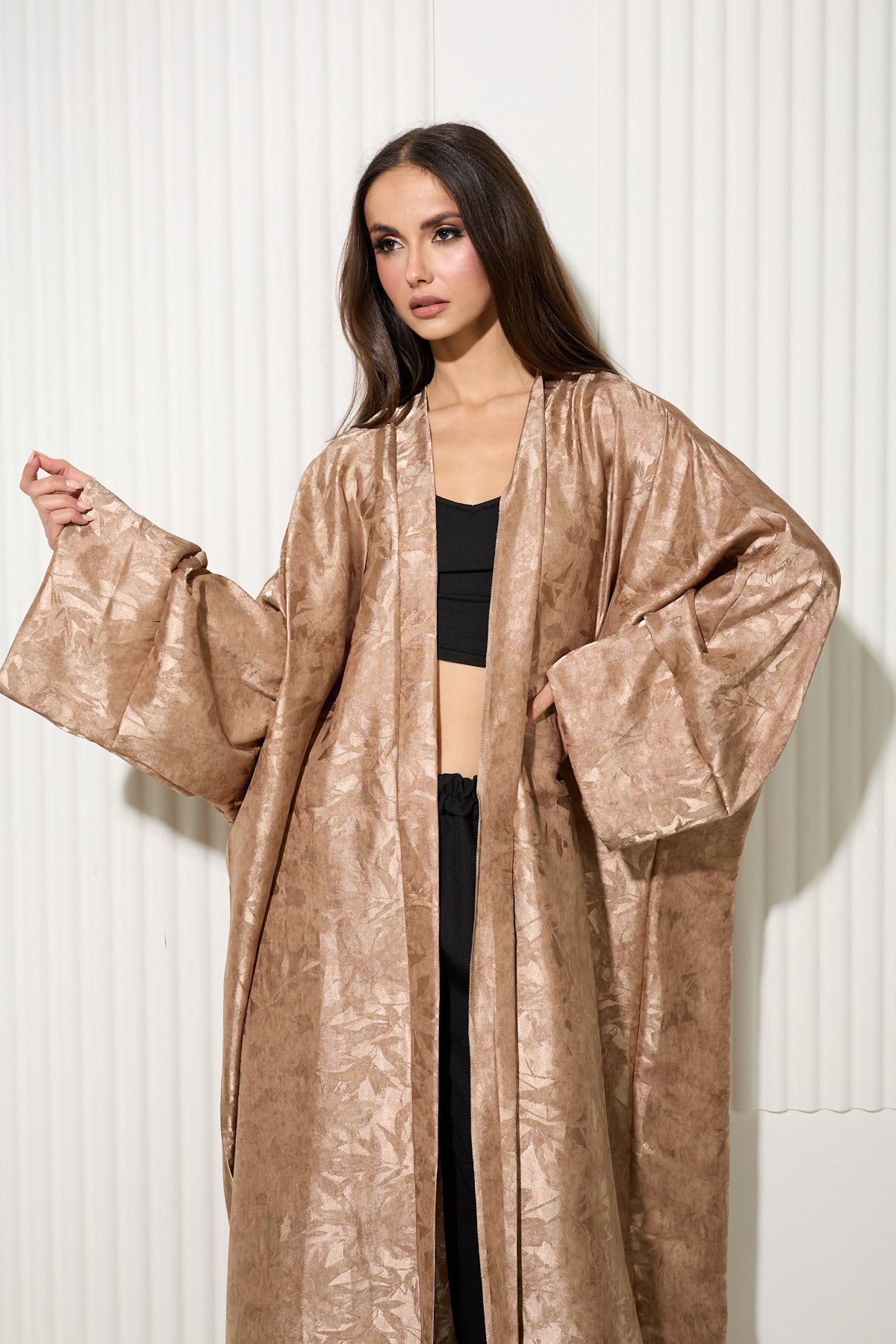 Taupe Botanical Print Kimono with Lustrous Finish