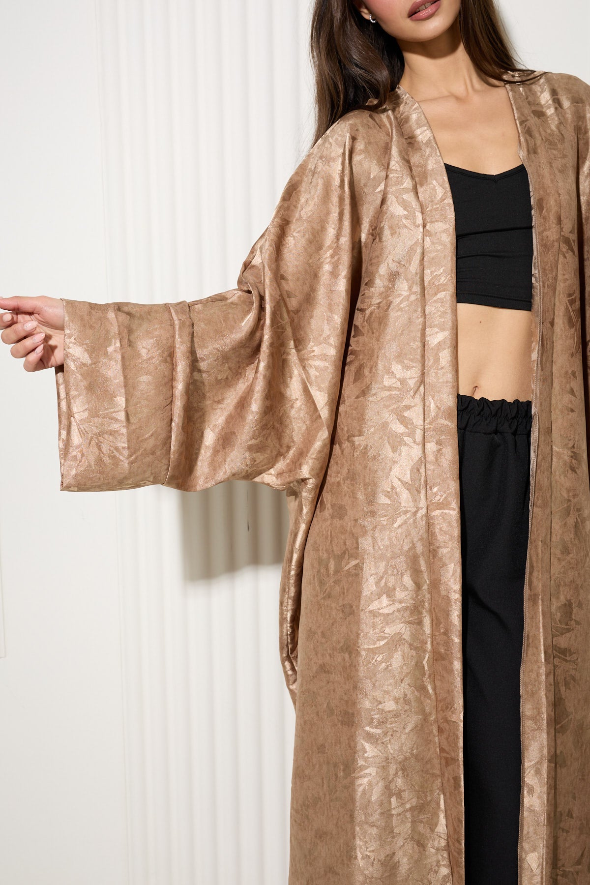Taupe Botanical Print Kimono with Lustrous Finish