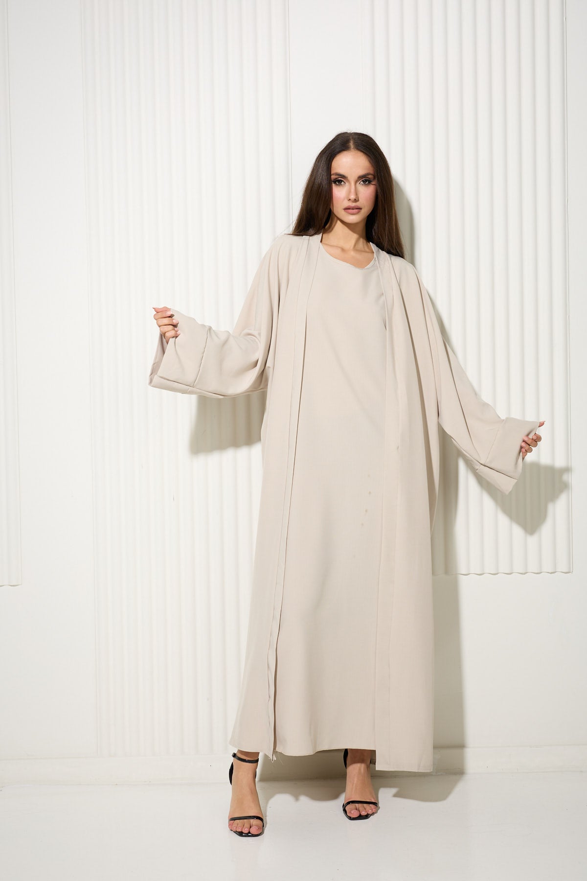 Beige Two Piece Vest Dress and Matching Kimono Set