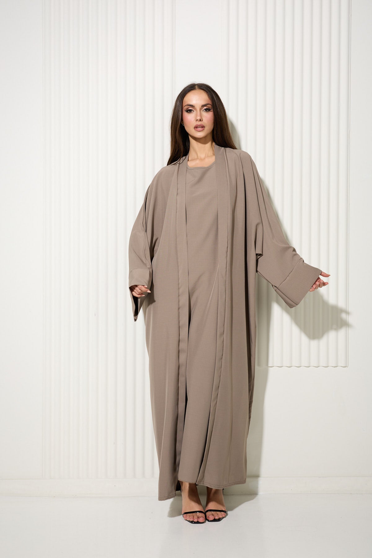 Taupe Two Piece Vest Dress and Matching Kimono Set