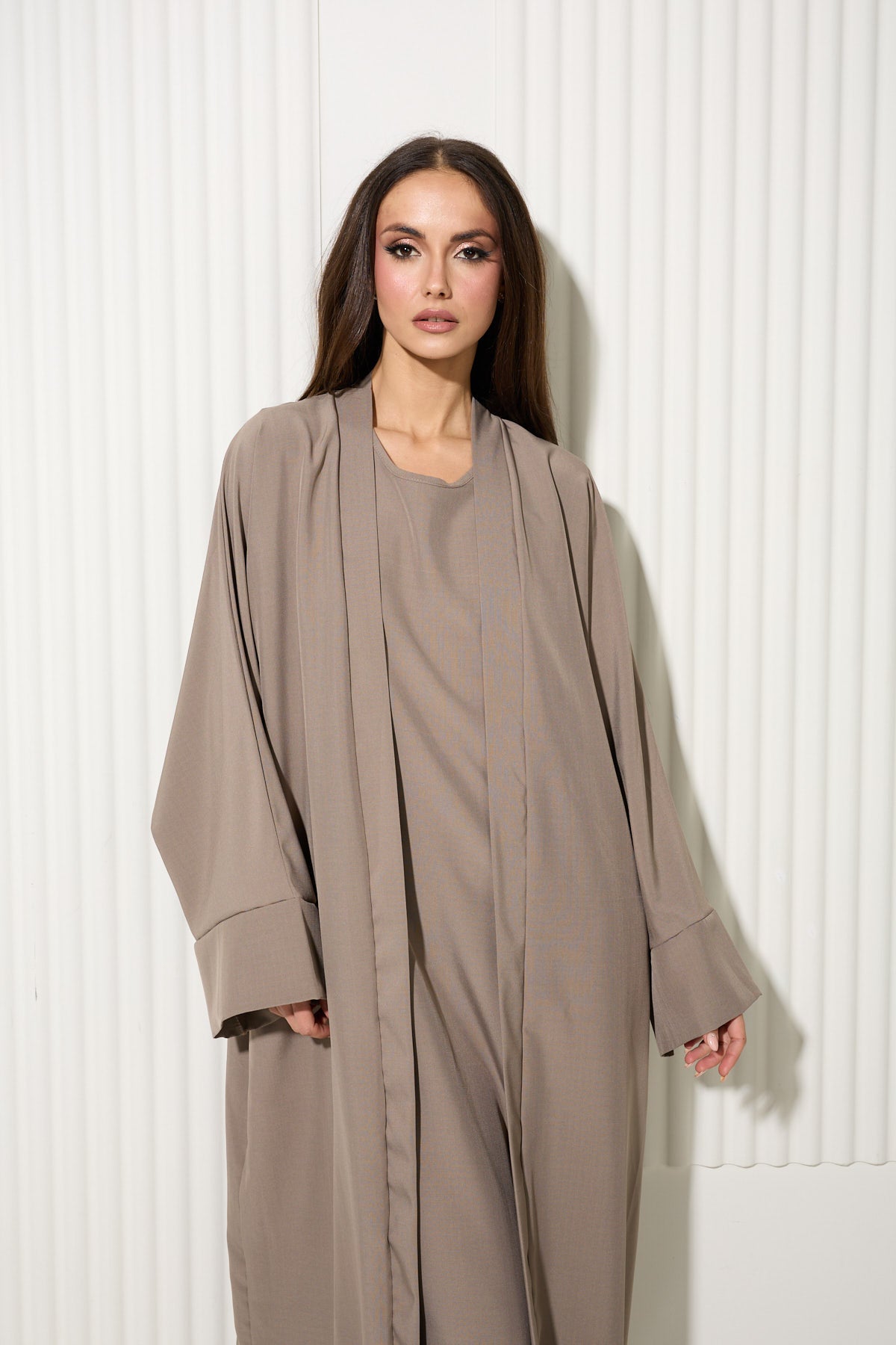 Taupe Two Piece Vest Dress and Matching Kimono Set