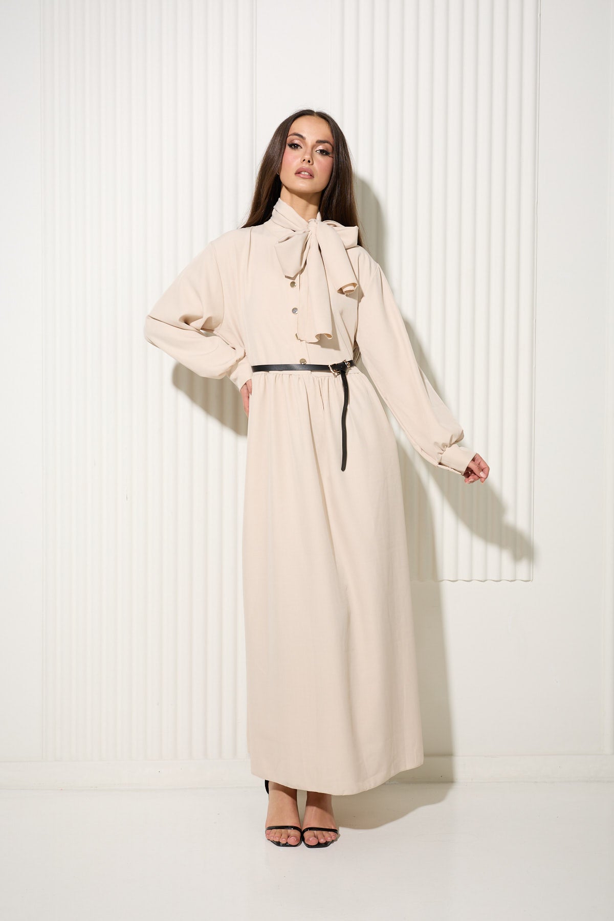 Beige Buttoned Dress with Neck Scarf and Gold Button Detailing