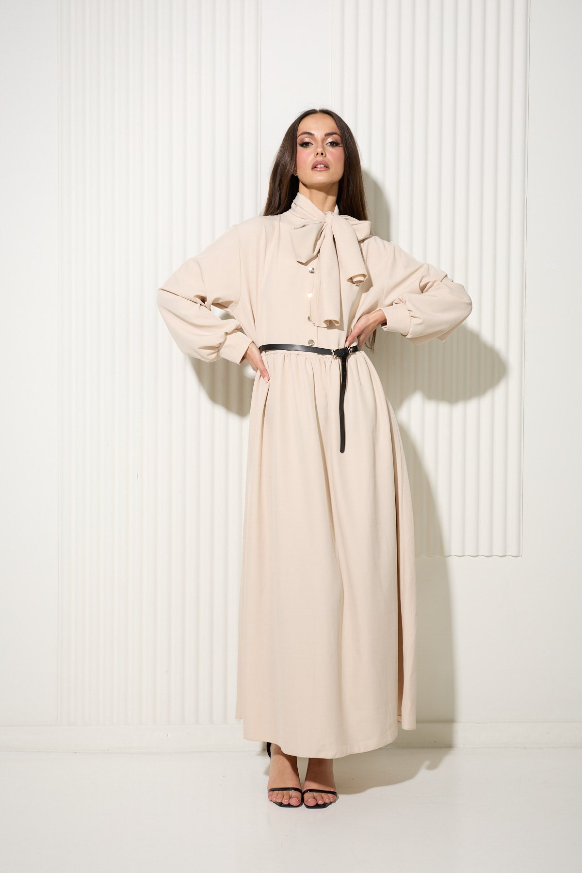 Beige Buttoned Dress with Neck Scarf and Gold Button Detailing