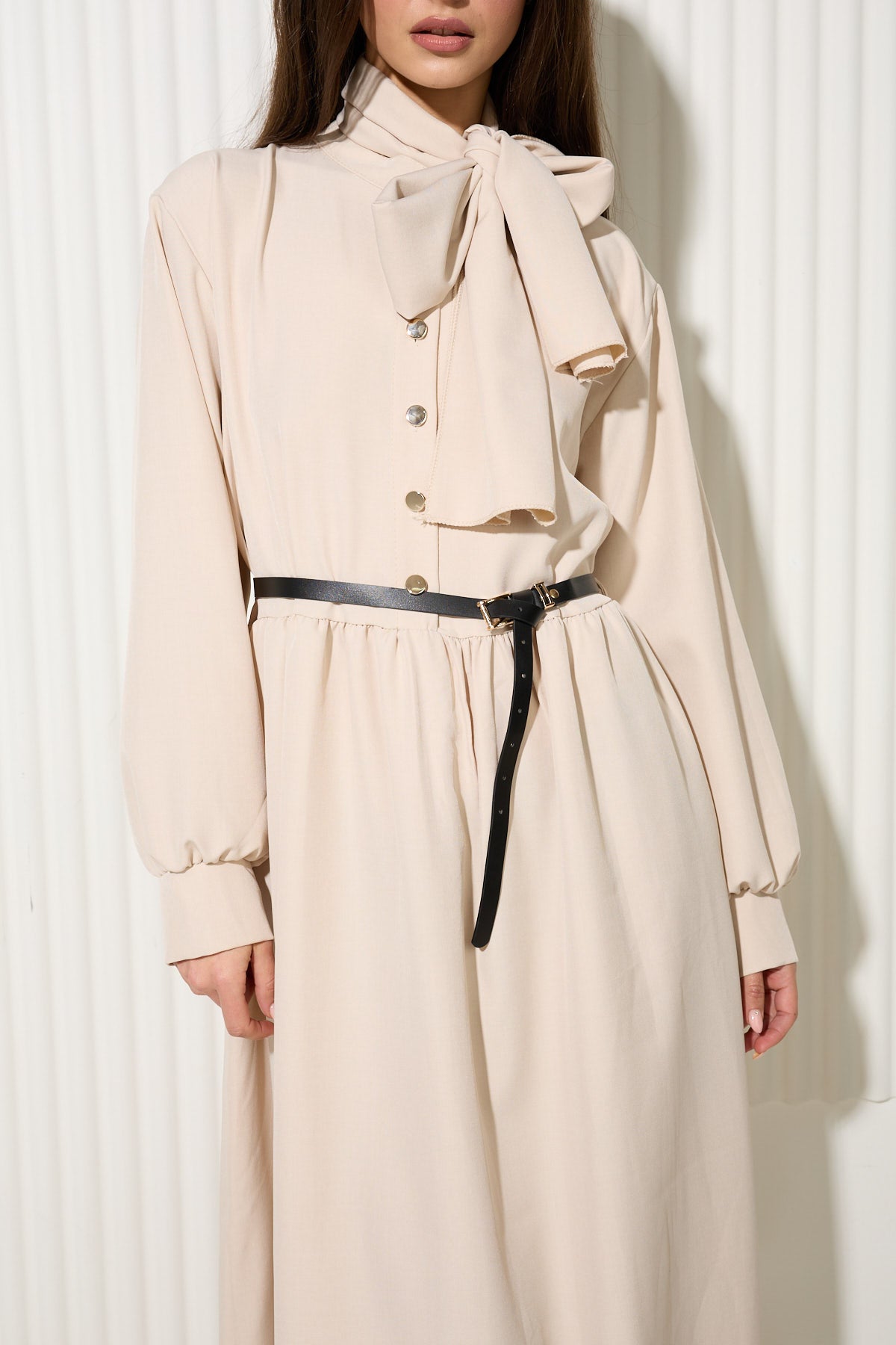 Beige Buttoned Dress with Neck Scarf and Gold Button Detailing