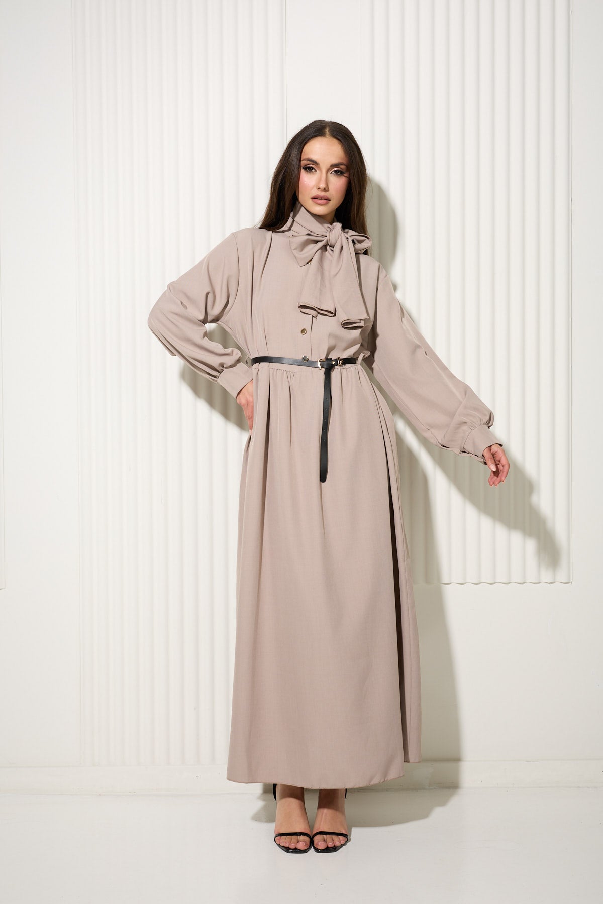 Taupe Buttoned Dress with Neck Scarf and Gold Button Detailing