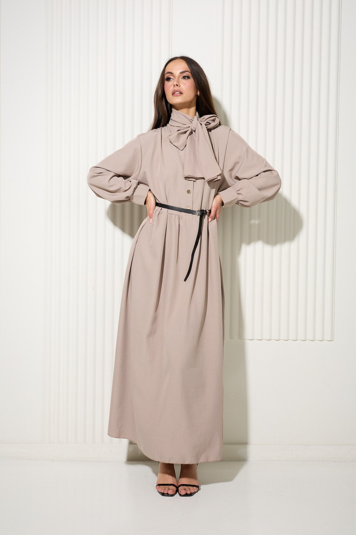 Taupe Buttoned Dress with Neck Scarf and Gold Button Detailing